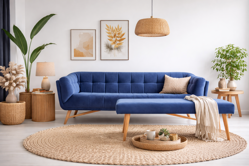 Salon moderne avec canapé bleu royal