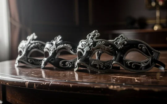 Sobriété noble : associer masques vénitiens noir et argent pour une déco masculine intemporelle