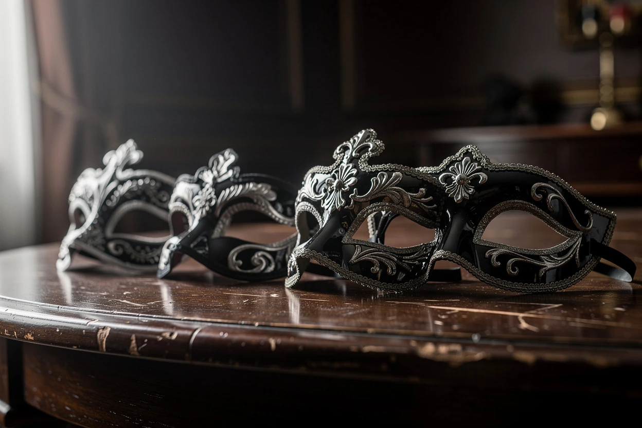 Sobriété noble : associer masques vénitiens noir et argent pour une déco masculine intemporelle