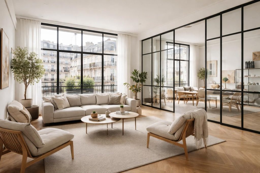 Aménager un loft moderne dans le 8ème arrondissement avec des cloisons verrières et du mobilier design scandinave