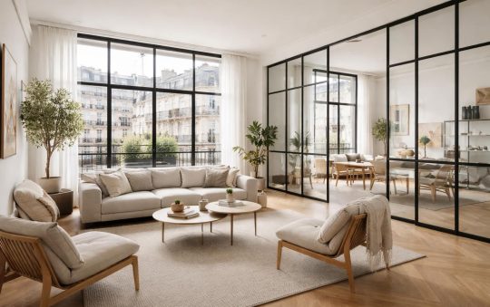 Aménager un loft moderne dans le 8ème arrondissement avec des cloisons verrières et du mobilier design scandinave