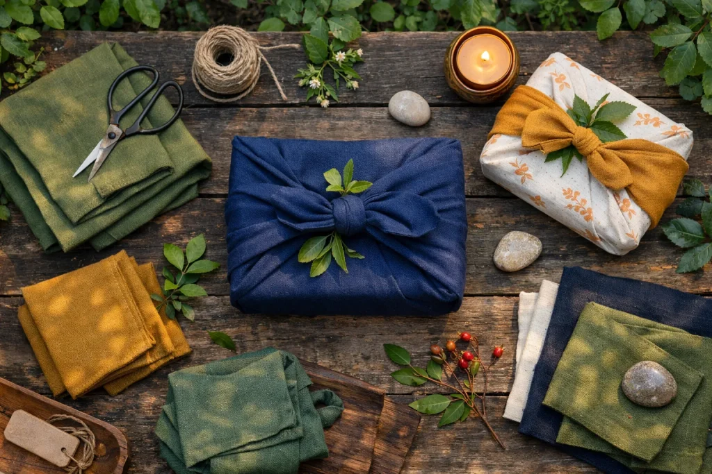 Emballer un cadeau sans papier jeté : furoshiki et tissu