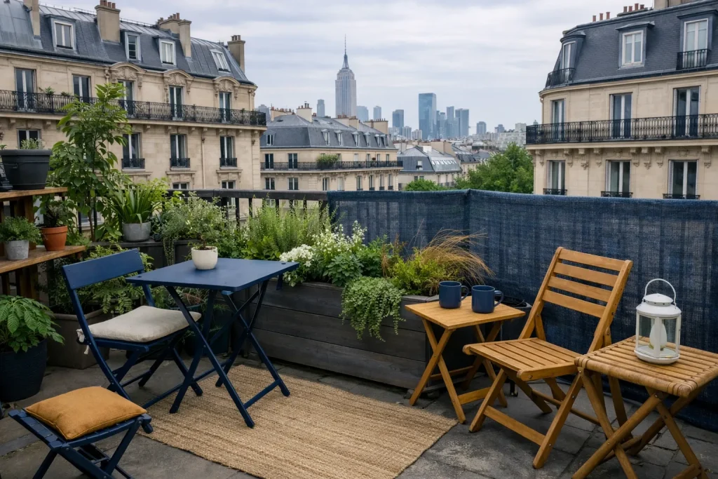 Balcon new-yorkais à Paris : plantes, mobilier pliant, brise-vue
